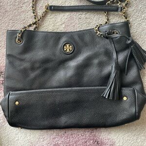 Tory Burch Black Pebbled Leather Shoulder Tote with Gold Hardware and Tassel